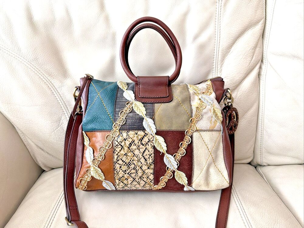 HOBO Satchel Crossbody Bag Patchwork Sheila Leather Peace Charm Boho Western